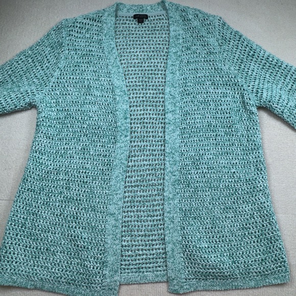 J. Jill Wearever Collection Lg Open Knit Cardigan Long Sleeve Green White Cotton - Picture 1 of 7